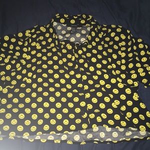 Black button up crop top with smiley face design